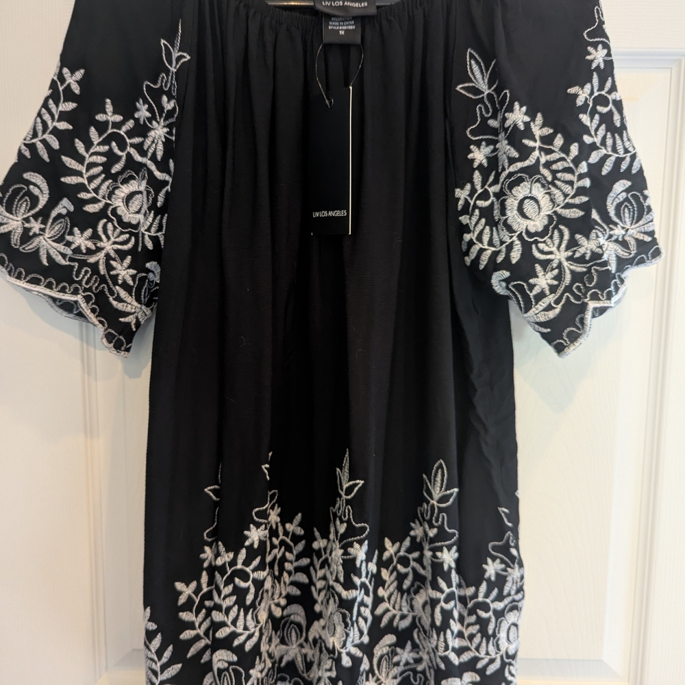 Black and White Embroidered Flutter Sleeve Top